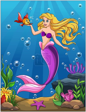 Cute beautiful mermaid with yellow long hair and purple fish tail. Cute fish swimming. Beautiful underwater scenery and seaweed. Cute cartoon vector illustration