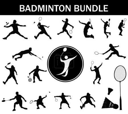 Illustration for Badminton Silhouette Bundle | Collection of Badminton Players with Logo and Badminton Equipment - Royalty Free Image