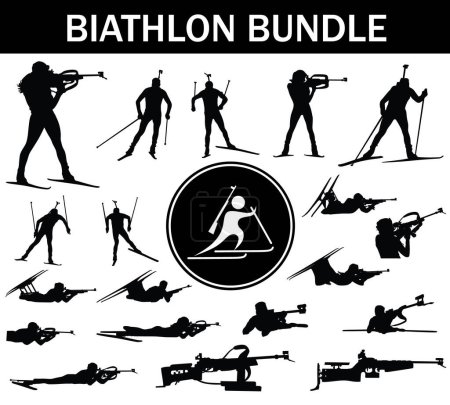 Illustration for Biathlon Silhouette Bundle | Collection of Biathlon Players with Logo and Biathlon Equipment - Royalty Free Image