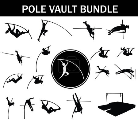Illustration for Pole Vault Silhouette Bundle | Collection of Pole Vault Players with Logo and Pole Vault Equipment - Royalty Free Image
