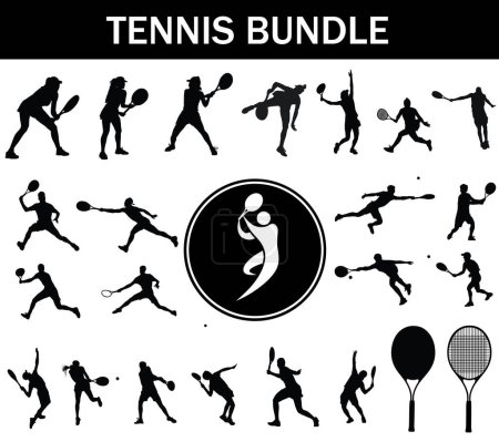 Téléchargez les illustrations : Ensemble de Silhouette de Tennis Collection de Joueurs de Tennis avec Logo et Équipement de Tennis - en licence libre de droit
