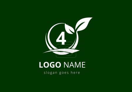 Initial 4 monogram alphabet with circle leaf and swoosh. Eco-friendly black logo concept