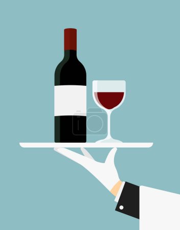 Ilustración de El camarero sirve una botella de vino y una copa de vino. Ilustración vectorial - Imagen libre de derechos