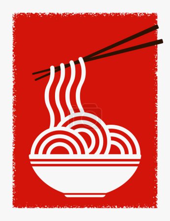 Red background with a bowl of noodles and chopsticks. Vector illustration