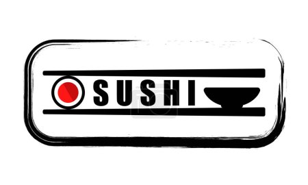 Téléchargez les illustrations : Logo sushi bar avec des sushis et des baguettes et un bol pour sauce soja - en licence libre de droit