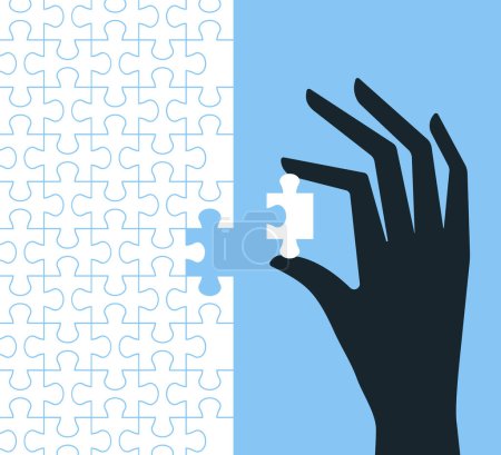 Illustration for A dark hand places a white puzzle piece on a blue background - Royalty Free Image