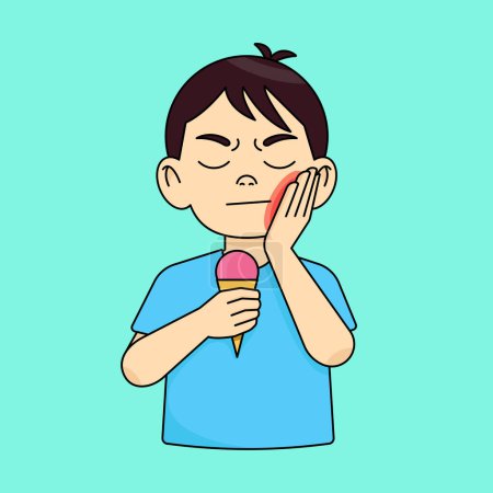 Boy holding ice cream, feeling toothache, holding cheek with hand, suffering from severe toothache