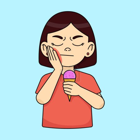 Girl holding ice cream, feeling a toothache, holding her cheek with her hand, suffering from severe toothache