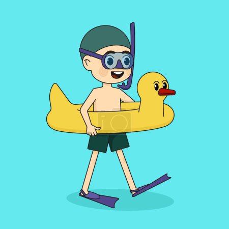 Happy boy with inflatable ring with duck, diving mask and swimming fins