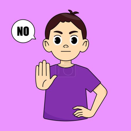The boy frowns, looks serious, shows a stop block gesture, says no, refuses something bad, prohibits an action