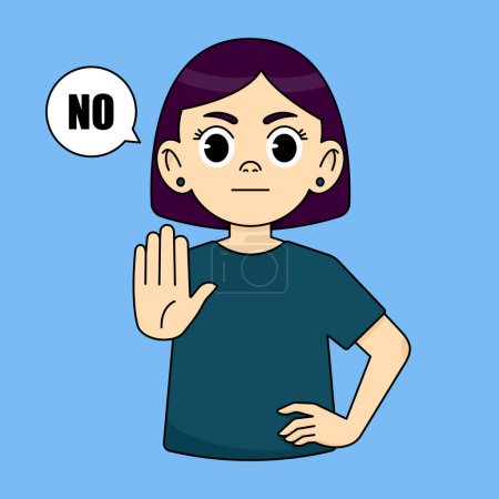 The girl frowns, looks serious, shows a stop block gesture, says no, refuses something bad, prohibits an action