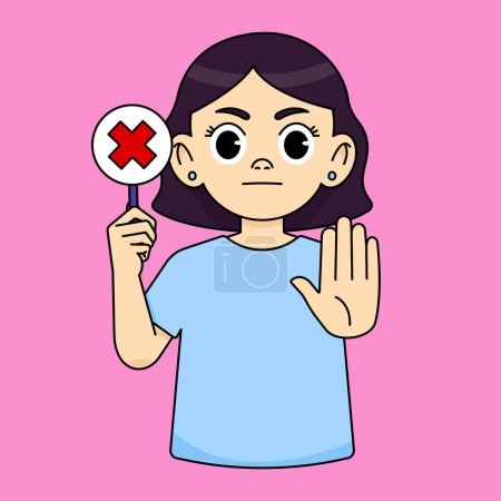 The girl frowns, looks serious, holds a red cross sign and shows a stop gesture, refuses something bad