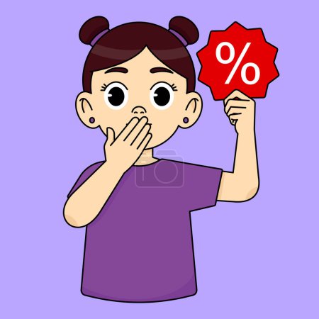 The girl is surprised and covers her mouth with her hand, the other hand holds a red icon and a white percentage. Sale