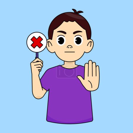 The boy frowns, looks serious, holds a red cross sign and shows a stop gesture, refuses something bad