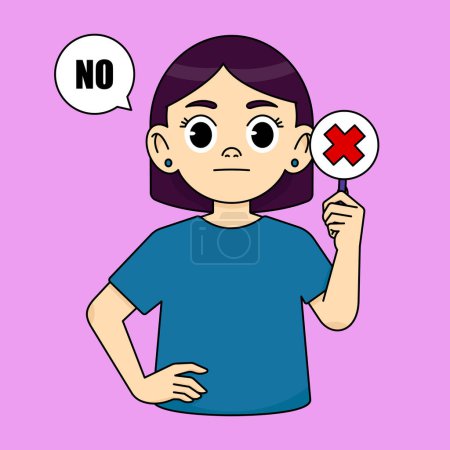 Illustration for The girl says NO, holds a red cross sign. Sign of disagreement - Royalty Free Image