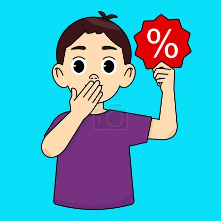 The boy is surprised and covers his mouth with his hand, the other hand holds a red icon and a white percentage. Sale