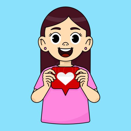 Téléchargez les illustrations : La fille sourit et tient l'icône semblable - une icône rouge avec un cœur blanc. Genre - en licence libre de droit
