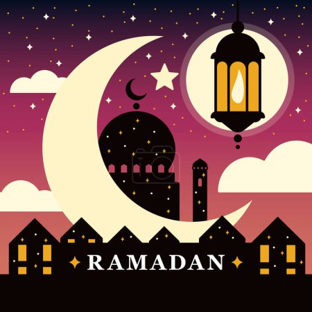 Tarjeta Ramadán. Silueta de una mezquita y una casa, noche y media luna y estrellas, una linterna colgando