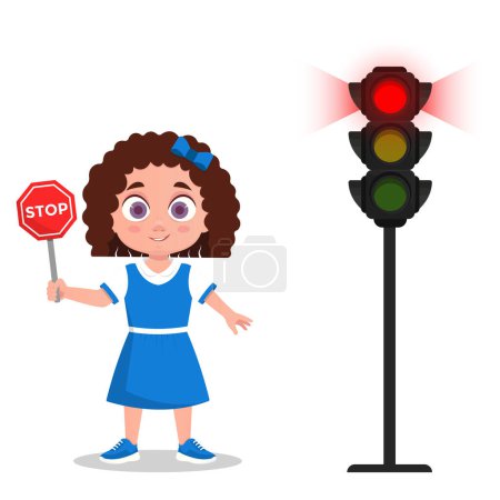 Téléchargez les illustrations : Enfant avec panneau stop. Le feu de circulation montre un signal rouge. - en licence libre de droit