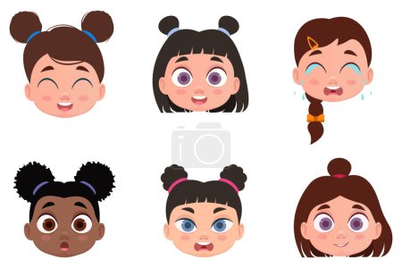Illustration for Set of faces, child emotions, shock, angry, cheerful, smiling, crying. - Royalty Free Image