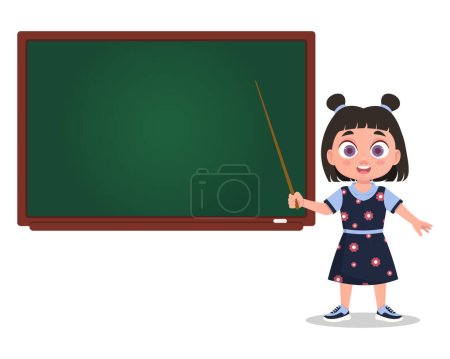 Illustration pour L'enfant se tient debout avec un pointeur près du tableau noir. - image libre de droit