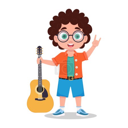 Ilustración de Niño con guitarra mostrando gesto rock - Imagen libre de derechos