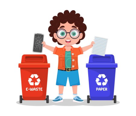 Illustration for Boy sorts garbage, electronic waste and paper - Royalty Free Image