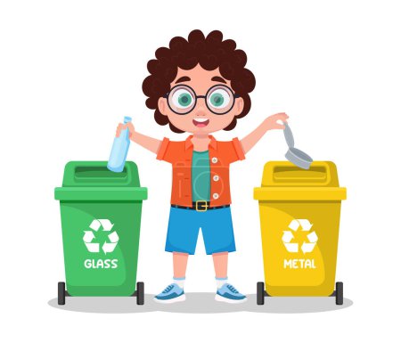 Illustration for The boy sorts garbage, glass and metal - Royalty Free Image