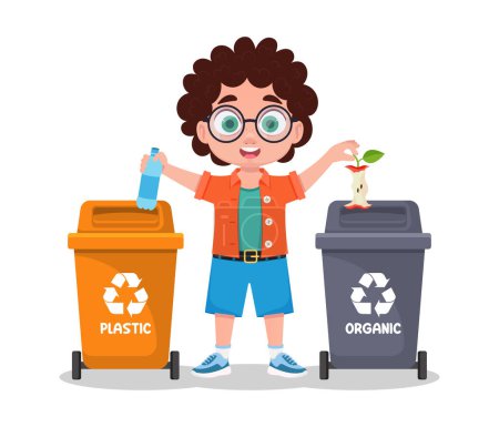 Téléchargez les illustrations : Le garçon trie les ordures, le plastique et l'organique - en licence libre de droit