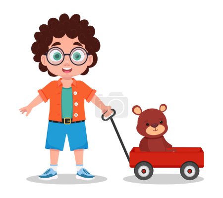 Ilustración de Niño jugando con un oso de peluche - Imagen libre de derechos