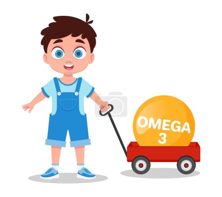 Cute boy with omega 3 vitamin. Vector illustration