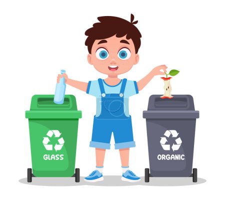 Illustration for Boy sorts garbage, glass and organic - Royalty Free Image
