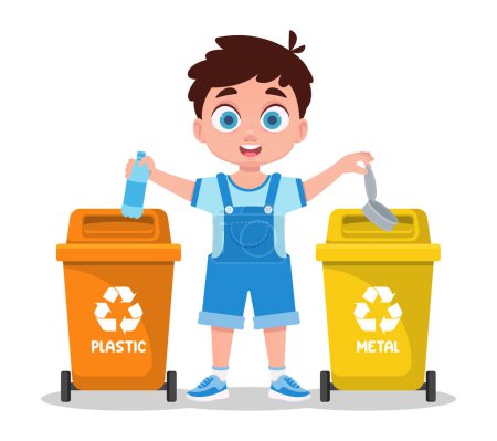 Téléchargez les illustrations : Le garçon trie les déchets, le plastique et le métal - en licence libre de droit