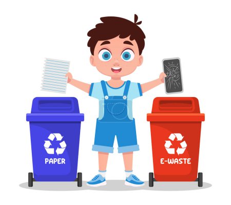 Téléchargez les illustrations : Boy trie les ordures, le papier et les déchets électroniques - en licence libre de droit