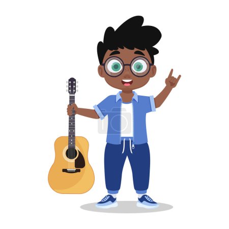 Téléchargez les illustrations : Enfant avec guitare montrant un geste rock - en licence libre de droit