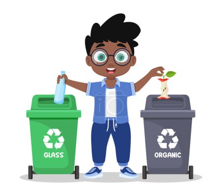 Téléchargez les illustrations : Le garçon trie les déchets, le verre et les matières organiques - en licence libre de droit