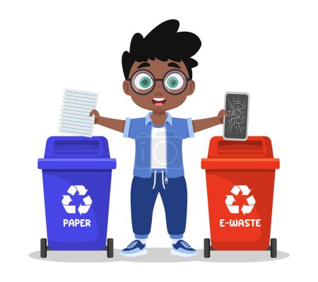 Téléchargez les illustrations : Garçon mignon tri des ordures, papier et déchets électroniques - en licence libre de droit