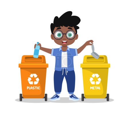 Illustration for Cute boy sorts garbage, plastic and metal - Royalty Free Image