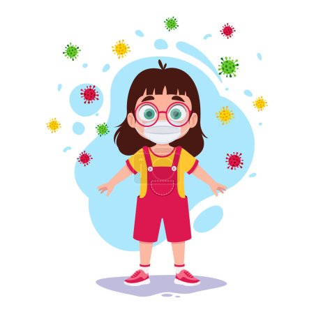 Illustration for Cute girl wearing mask, virus protection - Royalty Free Image
