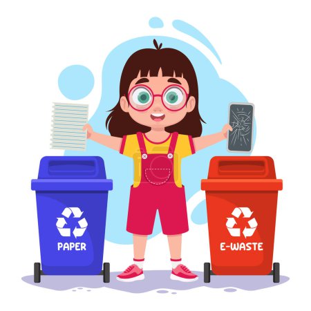 Téléchargez les illustrations : L'enfant trie les déchets, les déchets électroniques, le papier - en licence libre de droit