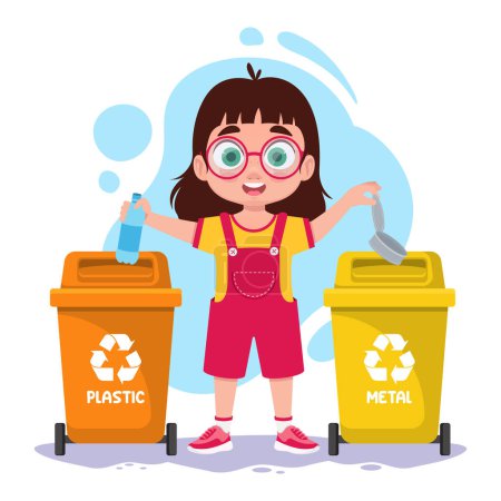 Téléchargez les illustrations : L'enfant trie ordures, plastique et métal - en licence libre de droit