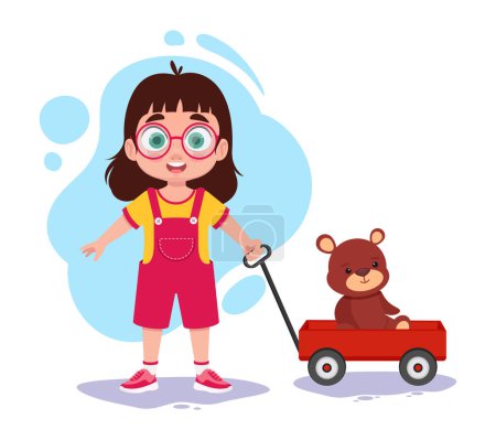 Ilustración de Chica jugando con un oso de peluche - Imagen libre de derechos