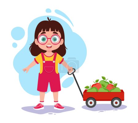 Ilustración de Linda niña con un carrito de manzanas - Imagen libre de derechos