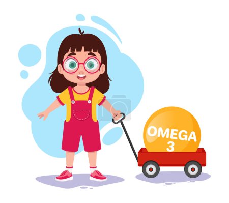 Child girl with vitamin Omega 3, child health