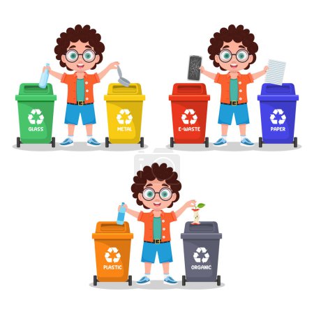 Téléchargez les illustrations : Ensemble d'illustrations d'un garçon triant les ordures - en licence libre de droit