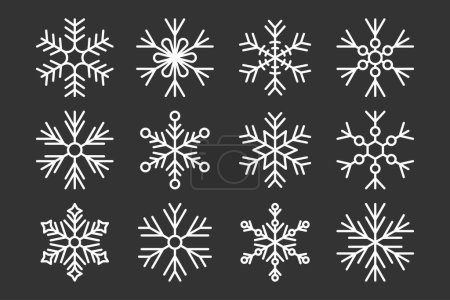 Ilustración de Conjunto de copos de nieve blancos sobre fondo negro - Imagen libre de derechos