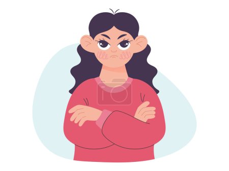 Girl looking with an angry look, hands folded, vector illustration