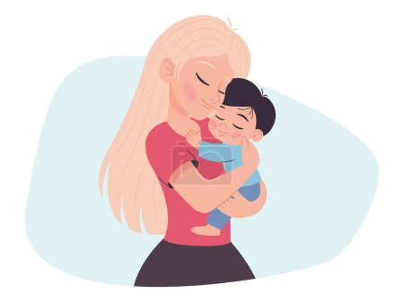 Téléchargez les illustrations : Mère serrant le bébé dans ses bras, amour maternel, illustration isolée sur blanc - en licence libre de droit