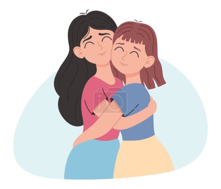 Girlfriends hugging, friendly hug, caring, illustration isolated on white