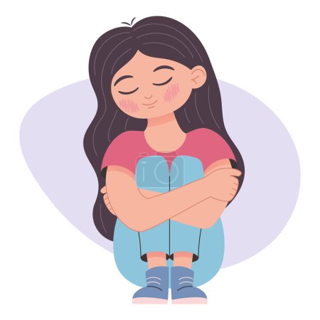 Ilustración de Chica sentada abrazándose, con los ojos cerrados, mentalmente tranquila, ilustración aislada en blanco - Imagen libre de derechos